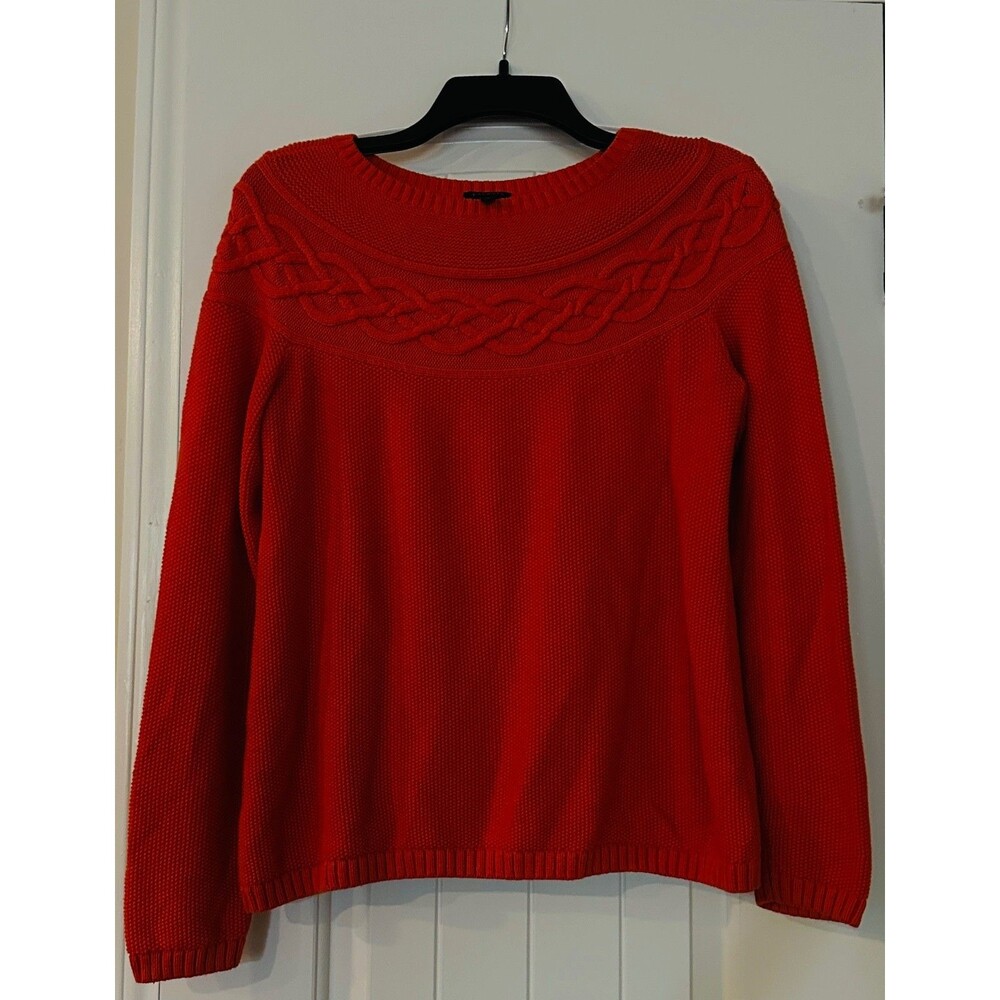 Talbots Vibrant Red Cable Knit Yoke Pullover Crewneck Sweater Cozy Size S